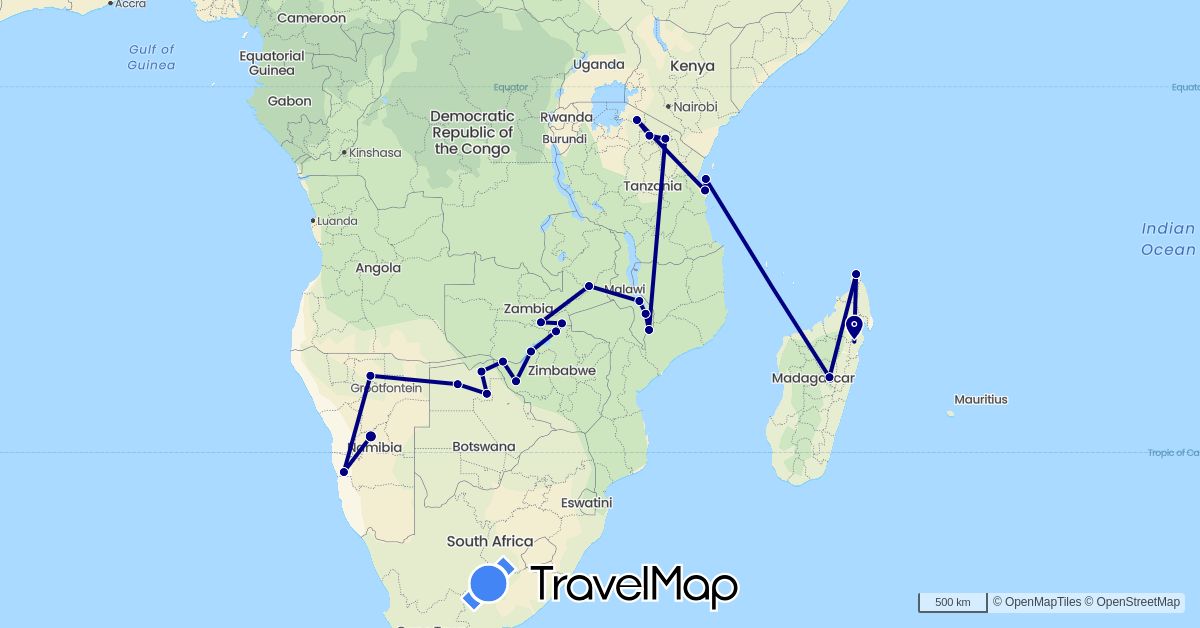 TravelMap itinerary: driving in Botswana, Madagascar, Malawi, Namibia, Tanzania, Zambia, Zimbabwe (Africa)