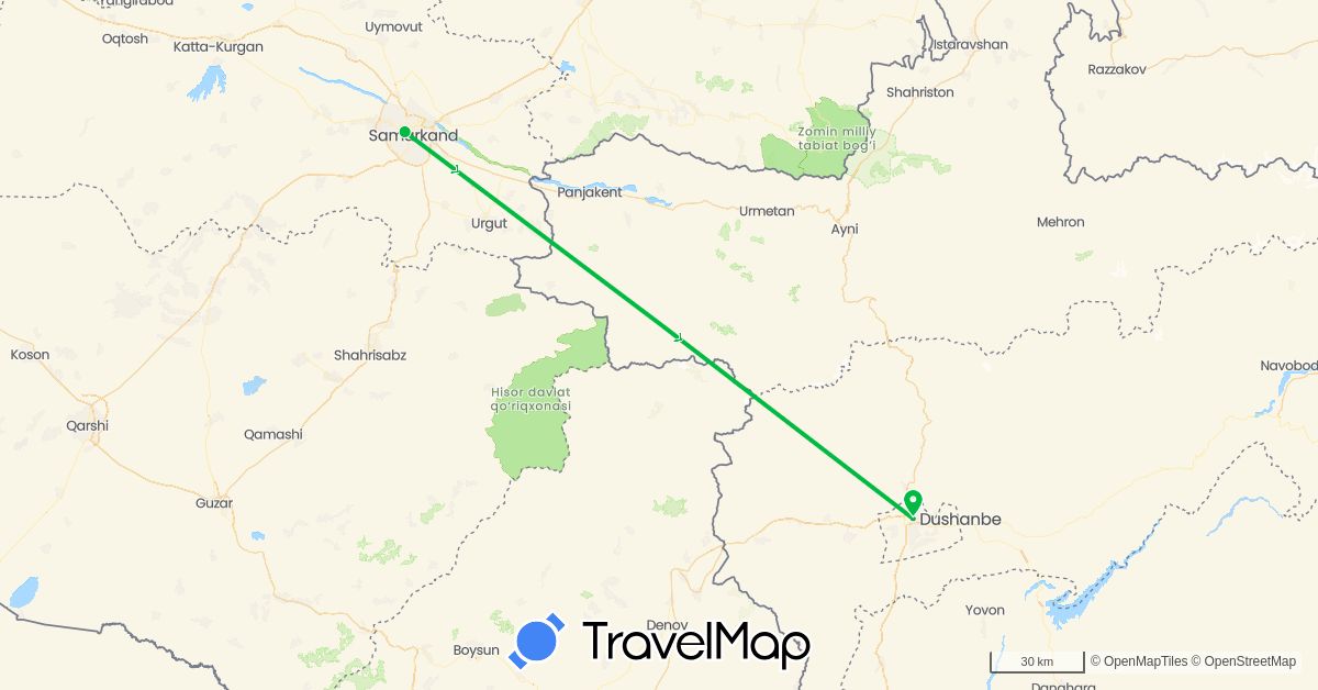 TravelMap itinerary: driving, bus in Tajikistan, Uzbekistan (Asia)